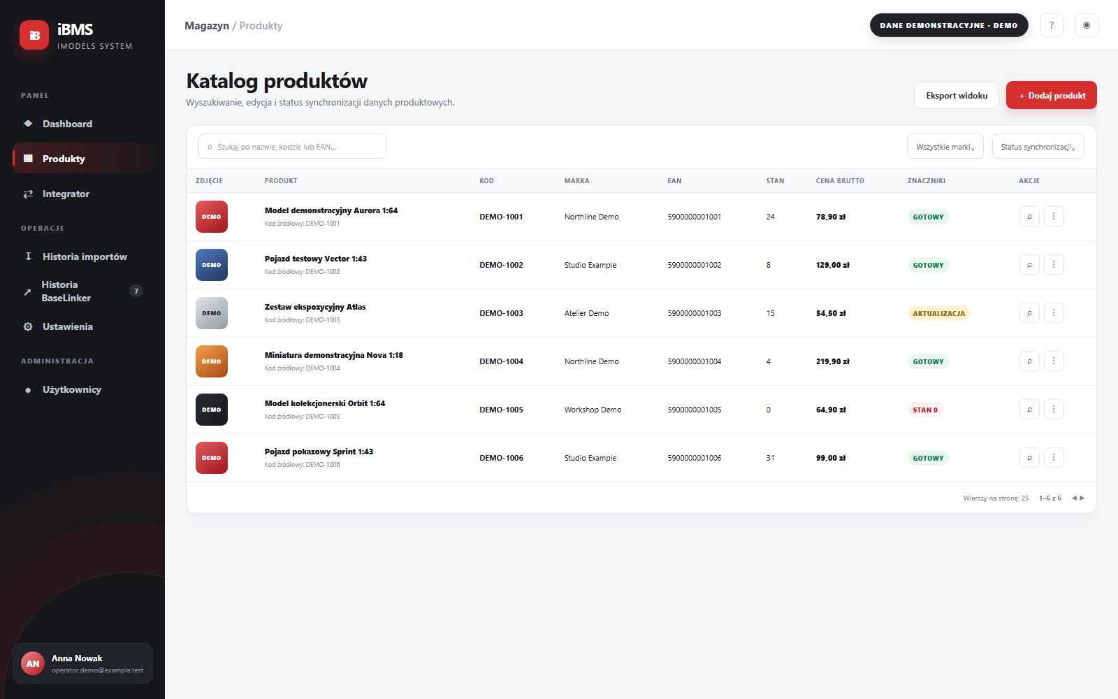 Katalog produktów iBMS z fikcyjnymi nazwami, cenami i stanami