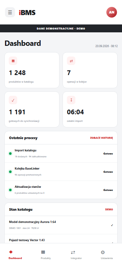 Mobilny dashboard iBMS — dane demonstracyjne