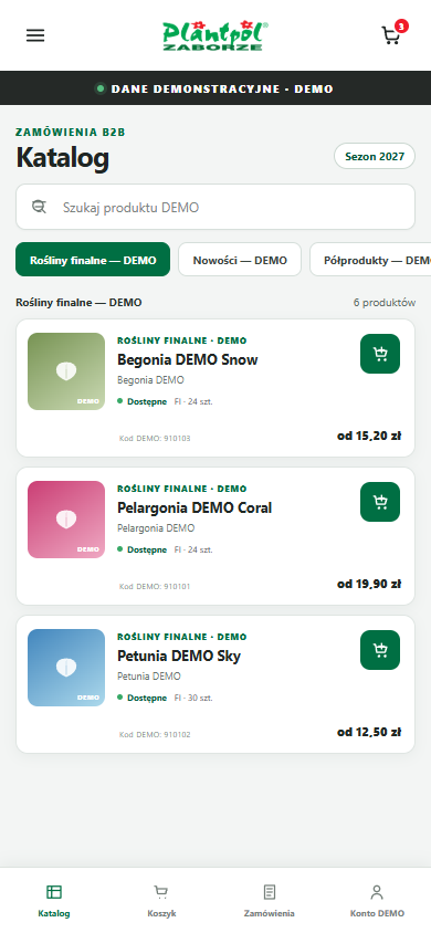 Mobilny widok katalogu B2B — dane demonstracyjne